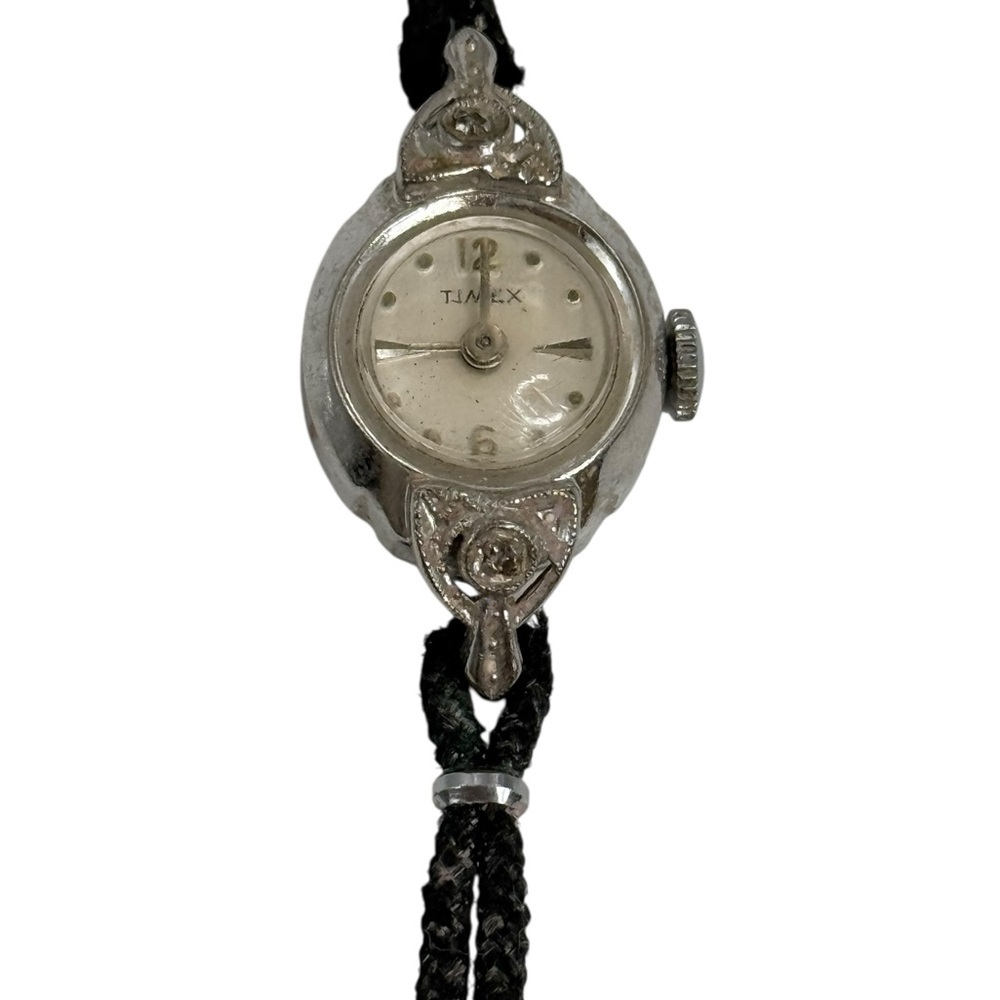 Vintage TIMEX Rhodium Plated Ladies Diamond Wind-Up Watch 1960s Art Deco style